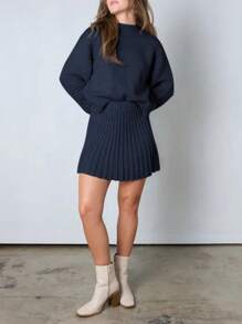 Womens 2 Piece Outfits Long Sleeve Mock Neck Ribbed Sweater And Mini Skirt Set 2025 - Màu xanh hải quân - Xem 3