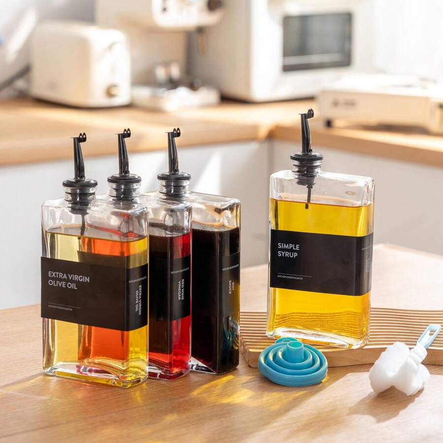 4 Pack 12oz/350ml Gold Olive Oil Dispenser Set - Heavy Duty Thickened Glass Bottles For Kitchen, Cooking Oil, Vinegar, Soy Sauce And Coffee Syrup, With Stainless Steel Automatic Pour Spout And 40 Label Funnel - 黑色 - 查看 1
