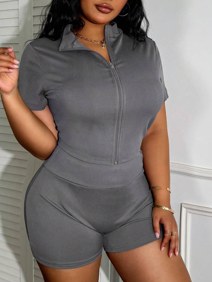 LovelyWholesale 大码女式休闲纯色立领短袖拉链上衣和短裤套装夏季