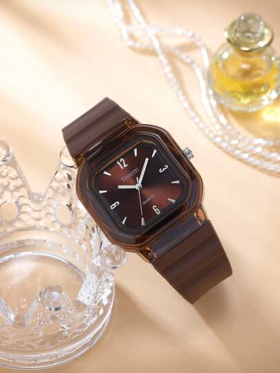 1pc Women Af dable Square Minimalist Silicone Strap Quartz Wrist Watch, Wear view 2