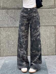 Retro High Waist Camouflage Design Loose Fit Jeans, Random Cut