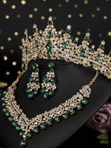 1 套金色新新娘配饰，经典绿水晶装饰新娘皇冠，奢华项链和耳环 3 件套婚纱 - 金色 - 查看 4