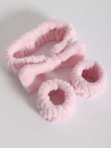 3 件套，1 个头带和 2 个腕带，现代涤纶蝴蝶结装饰面部化妆头带和腕带 - 粉色 - 查看 2
