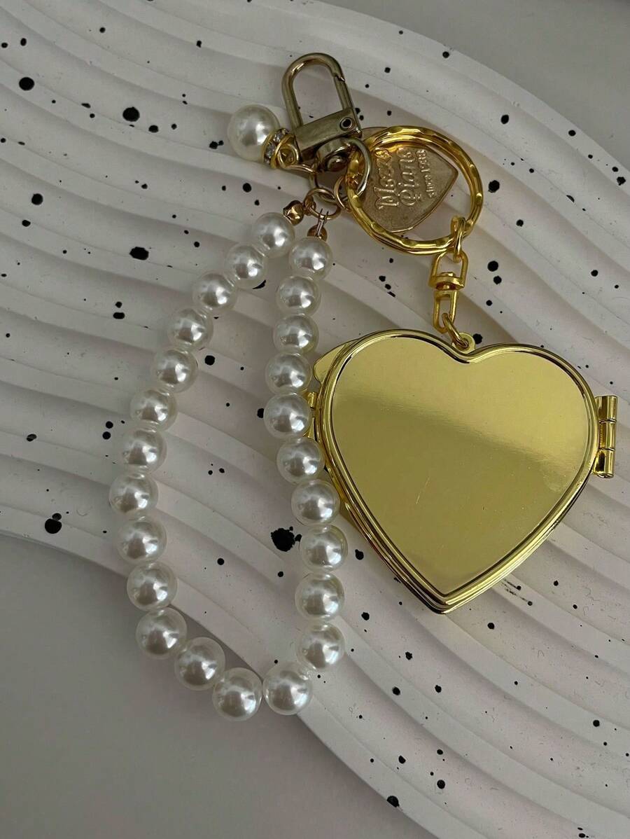 1个心形金属镜面钥匙扣，甜美时尚，可用作包包挂饰、伴娘礼物、Y2K风格配饰、钥匙链，海滩度假必备