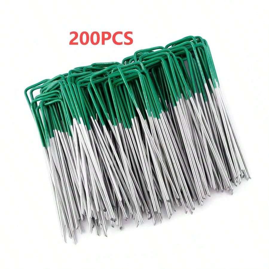 200x GREEN U SHAPE PINS FOR ARTIFICIAL GRASS TURF GALVANISED TENT GROUND PEGS - Green+Silver - View 1