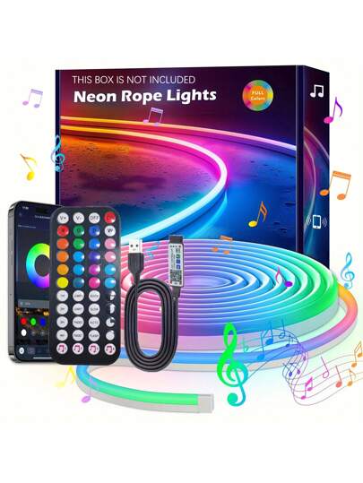 1 个带 APP 遥控器的霓虹灯带，LED 霓虹灯绳灯适用于卧室、游戏室、露台、花园、生日派对、户外装饰、防水、多种模式、室内音乐同步、室内/室外装饰