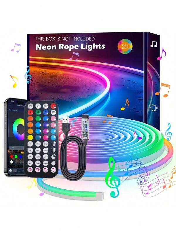1 pieza Tira de luz de neón con control remoto de aplicación, luz de neón de cuerda LED para dormitorio, sala de juegos, patio, jardín, fiesta de cumpleaños, decoración exterior, resistente al agua, múltiples modos, sincronización de música interior, decoración interior/exterior