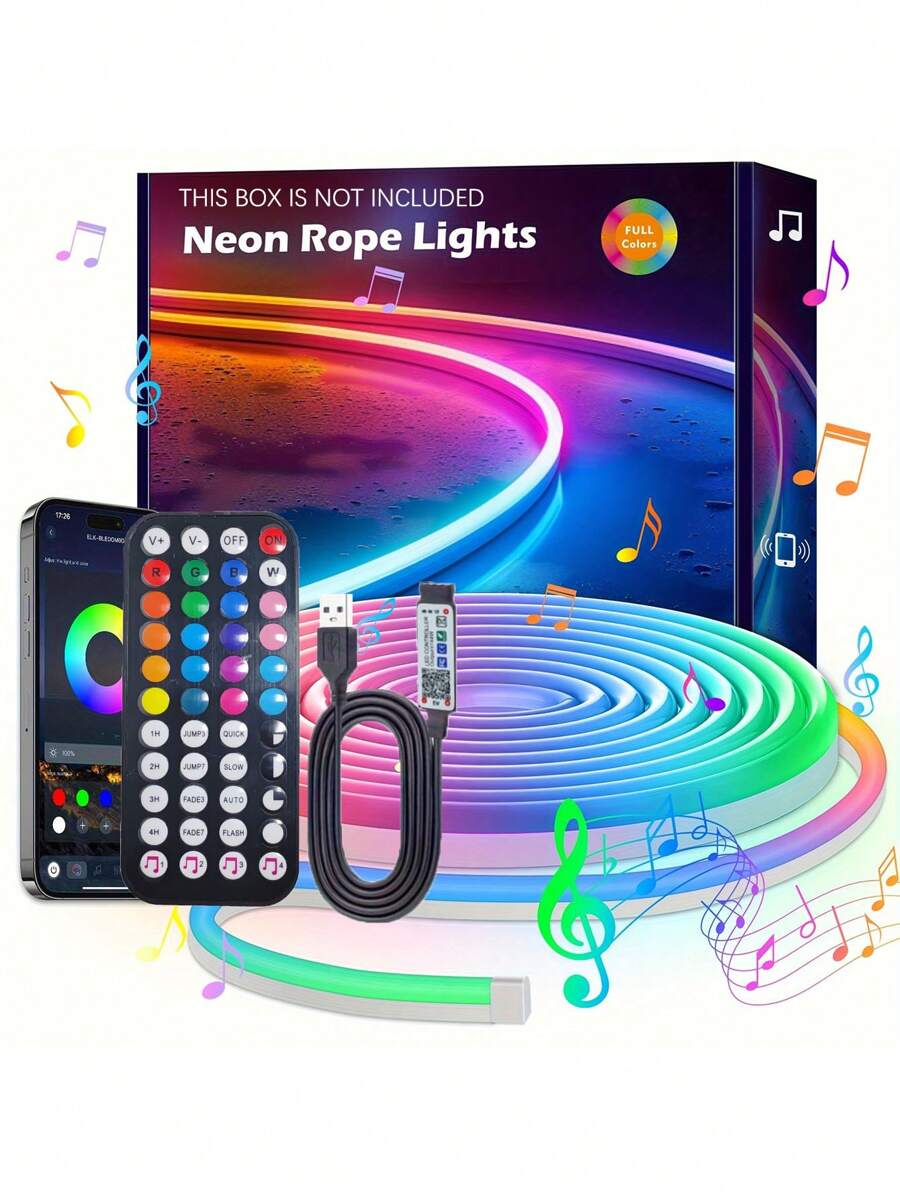 1 个带 APP 遥控器的霓虹灯带，LED 霓虹灯绳灯适用于卧室、游戏室、露台、花园、生日派对、户外装饰、防水、多种模式、室内音乐同步、室内/室外装饰