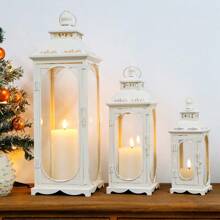 Set Of 3 Vintage Empty Metal Candle Lanterns 10/14/19.5''H Decorative Outdoor Lantern Metal Candle Holder With Tempered Glass For Home Living Room Garden Yard Parties Event Wedding Decor(Not Include Candles) - 白色 - 查看 3