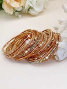 1 套多层咖啡色和香槟色手链，配有闪亮的水钻珠饰，弹性拉伸，适合日常佩戴和派对 - 水鑽手鍊 - 查看 8