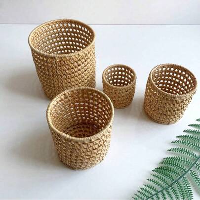 1pc 5.9 Inch Autumn Vine Hollow Storage Cylinder, Handwoven Rattan Decorative Organizer Basket For Home, Kitchen, Tea Table, Office Supplies And Pen Holder