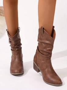 Brown Fringe Rivets Pleated Slip-On Round Toe Chunky Heel Casual Versatile Riding Boots, Commuter Style For Women, Autumn/Winter - Brown - View 7