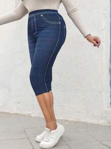 Quần legging định hình cơ thể co giãn cao cấp dành cho nữ cỡ lớn, họa tiết giả denim với thiết kế túi giả, quần lửng thể thao thoải mái thường ngày. - Màu xanh hải quân - Xem 5