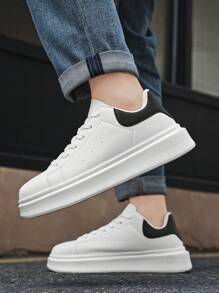 Men's Classic Black & White Contrast Color Block Lace Up Casual Sneakers, Niche Fashion Letter Print Comfortable Elevator Shoes, Couple Shoes, For Active Jeans Outfit - White and Black - View 8