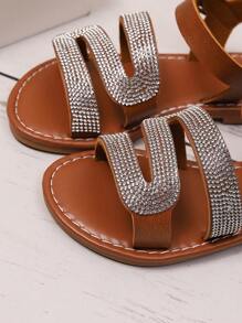 1 Paar Kleinkind Mädchen Große Größen Braune PU Leder Flache Sandalen, funkelnder Strass Dekor, verstellbarer Klettverschluss, offene Zehenpartie für den täglichen Lässig-Stil, Partys, Reisen, Frühling/Sommer