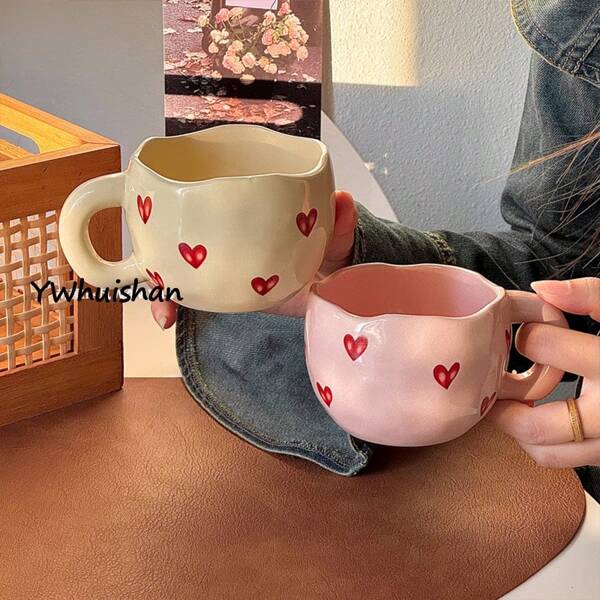 1 pièce Tasse en céramique créative en forme de cœur, tasse à eau ménagère de haute qualité, tasse de couple, mignon mug à café de bureau retour à l'école