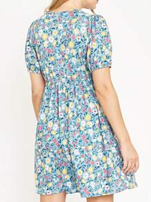 Black Yellow Ditsy Floral Puff Short Sleeve Wrap Tie Surplice V Neck  Mini Dress Swing Southern Dress | Small -3 XL - Màu xanh lam - Xem 3