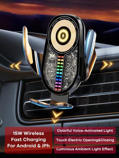 15W Fast Wireless Car Charger With Colorful Voice-Activated Music Atmosphere Light, Auto Clamping, 360° Free Ratation, Air Vent Mount,Universal Compatible With Iphone 16/15/14/13/12/11 Pro Max/Xs/Galaxy S24 Ultra/S23/S22/S21/S20, Car Accessories;ABS Material;Super Practical Car Stuff; Compatible With IPhone, Android Phone, Gift For Birthday, Family, Friends For Summer Air Vent Phone Holder, Car Phone Holder