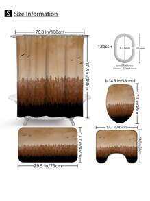 1 件/4 件水彩森林风景浴室装饰套装，包括带 12 个挂钩的防水浴帘、防滑浴垫、U 型马桶垫和圆形马桶盖，适用于整个浴室场景