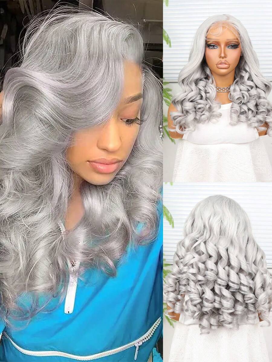 (米色、灰色)13X4 蕾丝前假发，日本进口婴儿发合成纤维，26 英寸黑色直发合成纤维耐热假发弹力网帽，适合各种人种日常聚会，高品质女士自然美丽合成柔软假纤维头发