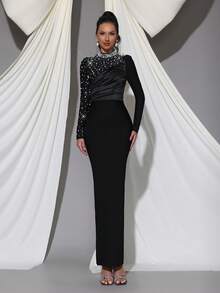 Modphy New Black Sexy Pleated Heavy Pearl Decorated Long Sleeve Fitted Long Tube Dress Wedding Party Evening Gown - Black - View 2