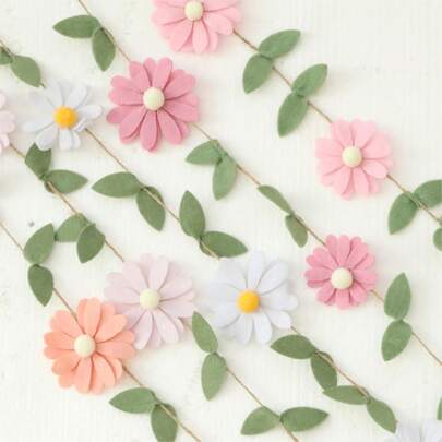 Handmade 1pc Floral Pennant Garland, Spring Flower Themed Birthday, Boho Style Pink, White, Orange, Purple Hanging Decoration, For Bedroom Decor And Photo Background