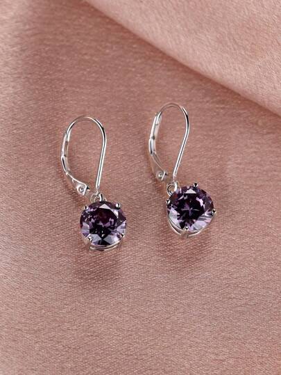 1 par de pendientes elegantes y glamorosos con colgante de plata de ley 925 y piedras circulares de zirconia moradas, adecuados para citas, vacaciones, regalos festivos, regalos de aniversario