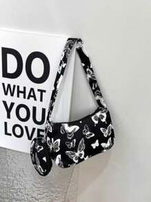 1pc Zipper Closure Fashionable And Simple Butterfly Shoulder Underarm Bag, Detachable Small Round Coin Purse, Niche Design, Comfortable Shoulder Strap, Smooth And Versatile, Suitable For Daily Outings, Play, School, Commuting, A Perfect Gift For Girls - Black - View 2