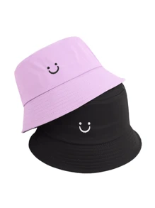 2pcs Women Smiling Face Embroidery Versatile Bucket Hats, Adjustable Festival Couples Casual Sports Hat For Cycling, Sightseeing, Travel, Streetwear, Party