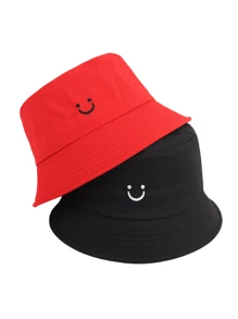 2pcs Women Smiling Face Embroidery Versatile Bucket Hats, Adjustable Festival Couples Casual Sports Hat For Cycling, Sightseeing, Travel, Streetwear, Party