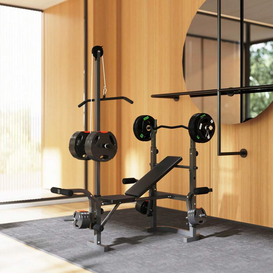 SPORTNOW Adjustable Weight Bench With Bench Press Rack, Preacher Curl Bench, Leg Extension And Lat Pull Down Machine, Incline Or Flat Workout Bench For Home Gym Strength Training Weight Lifting - Negro - Ver 1