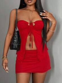 女士性感纯色抹胸镂空不对称上衣紧身一步裙套装、圣诞服装、外出服装、性感俱乐部服装、束身衣裙、露肩装、演唱会狂欢服装