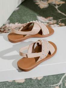 1 par de sandálias rasteiras infantis com detalhes em pérolas, sapatos de praia para o verão - Damasco - Ver 6