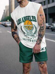 Men's Fashion Printed Tank Shorts Two-Piece Set - 白色 - 查看 1