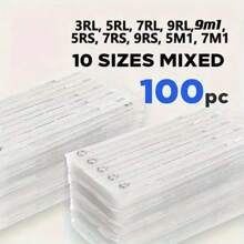 50pcs/100pcs Disposable Sterile Tattoo Needles Assortment, 3RL,5RL,7RL,9RL,5RS,7RS,9RS,5M1,7M1,9M1 Tattoo Cartridge Needles, Includes Grip Tips, Ink And Magnifier Glasses