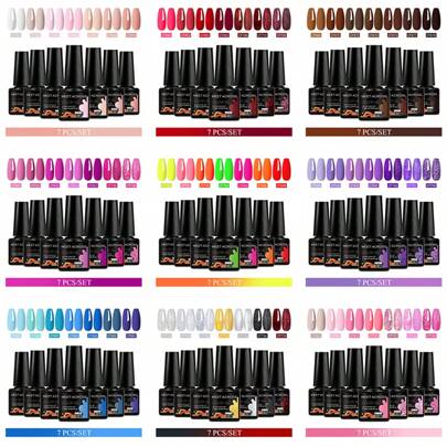  MEET ACROSS 7件套/7.3毫升 红粉蓝紫亮片凝胶指甲油 半永久美甲 LED UV美甲凝胶底油封层凝胶指甲油 美甲用品