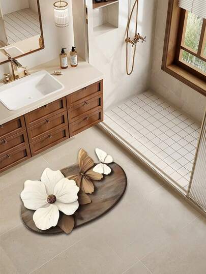 Visual 3D Effect Three-Dimensional Flower And Butterfly Pattern, Bathroom Mat, Water-Absorbent And Quick-Drying Multi-Function, Home Door Decorative Floor Mat - Hand Wash Only, Print Pattern, Diatom Mud (Soft) Material, Universal Holidays, Machine Made, Oval Bath Rug Shape, Knit Fabric Weaving Method, Polyester Bath Rug Material, Rubber Backing Material, Square Gram Weight (G/㎡): 1800, Thickness (Cm): 0.35