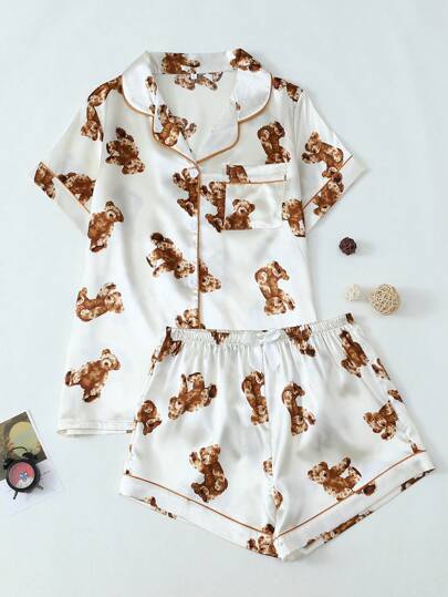 Women Bear Print Poplin Short Sleeve And Shorts Pajama Set