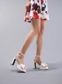 Women's Bowknot Waterproof Platform Sandals, Shiny PU Leather Thick Sole Open Toe Summer Wedding Party Square Toe Chunky High Heel Shoes, White - White - View 8