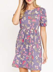 Black Yellow Ditsy Floral Puff Short Sleeve Wrap Tie Surplice V Neck  Mini Dress Swing Southern Dress | Small -3 XL - 紫丁香色 - 查看 1