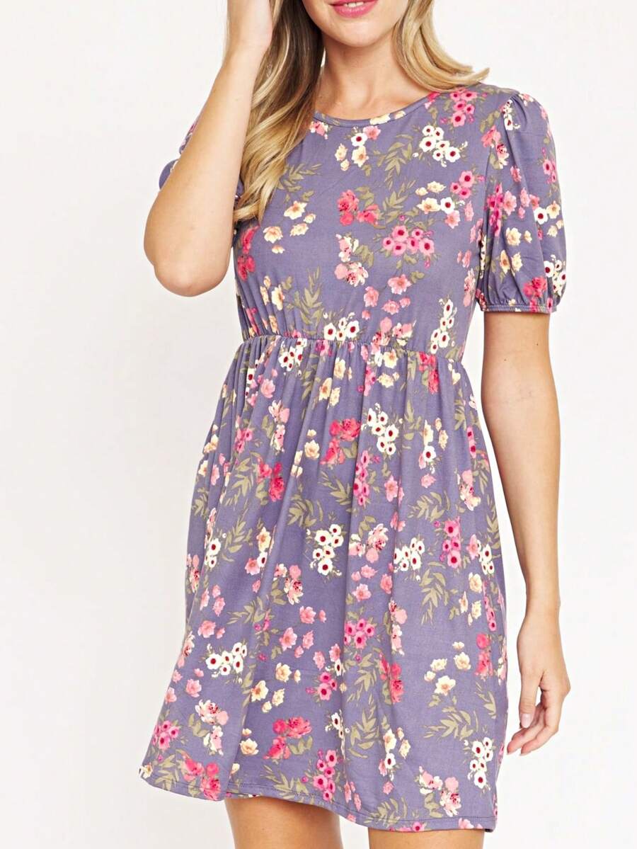 Black Yellow Ditsy Floral Puff Short Sleeve Wrap Tie Surplice V Neck Mini Dress Swing Southern Dress | Small -3 XL - 紫丁香色 - 查看 1