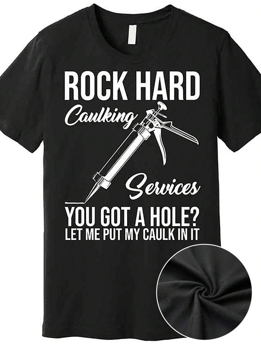 Men's Funny "Rock Hard Caulking Services" Graphic T-Shirt - Black Cotton Short Sleeve With Caulking Tool Design, Casual & Comfortable Fit, Machine Washable - màu đen - Xem 1