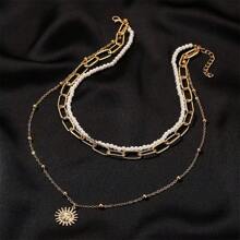 3-Layer Women's Faux Pearl Necklace With Simple Chain Sun Pendant - Gold - View 2