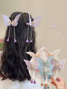 2 piezas Clip de pelo de mujer elegante y dulce con ala de mariposa, clip lateral con borla de perla falsa