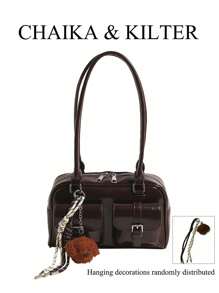 CHAIKA & KILTER 1 件闪亮 PU 皮革女士单肩包，带多个口袋，大容量波士顿风格，拉链开合，适合日常和户外使用（附吊坠） - 咖啡 - 查看 3