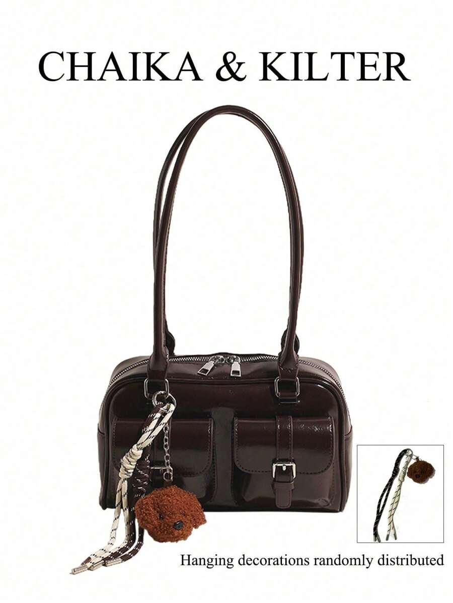 CHAIKA & KILTER 1pc Shiny PU Leather Shoulder Bag For Women With Multiple Pockets, Large Capacity Boston Style, Zipper Closure, Suitable For Daily And Outdoor Use (Comes With Pendant) - Coffee - View 1
