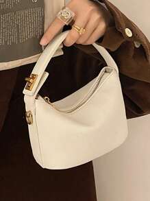 Metal Buckle Bento Lunch Box Handheld & Crossbody Small Square Bag - Beige - View 3