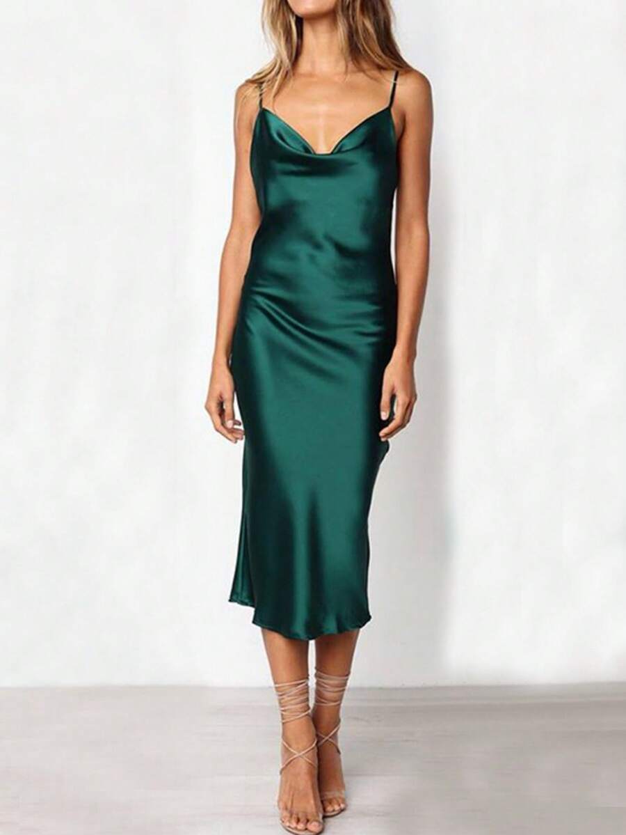 Pigiama di raso da donna, lingerie sexy, pigiama con sottili spalline, colletto a strati, elegante laccio lungo, vestito di raso a lunghezza media