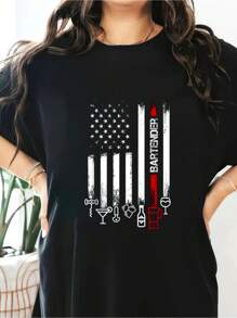 American Flag With Bartender Tshirt For Women Men Father T-Shirt Short Sleeve Round Neck Casual Top For Summer & Spring, Women's Clothing - 黑色 - 查看 1