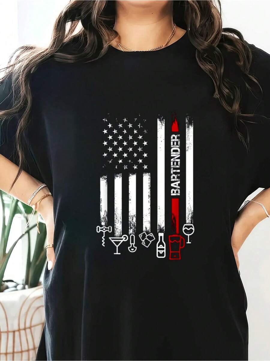American Flag With Bartender Tshirt For Women Men Father T-Shirt Short Sleeve Round Neck Casual Top For Summer & Spring, Women's Clothing - 黑色 - 查看 1